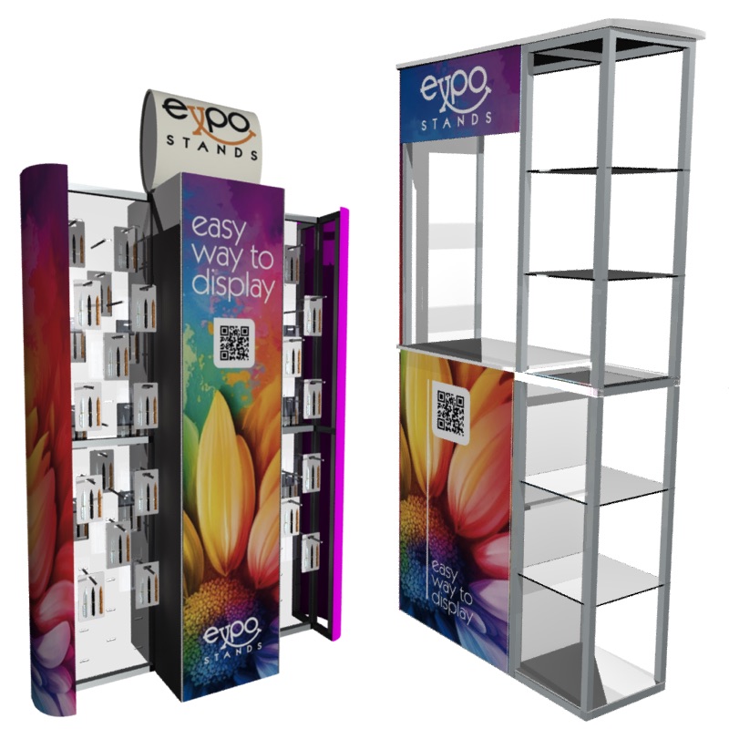 Stands portatiles counters con cenefas gancheras y exhibidores publicitarios