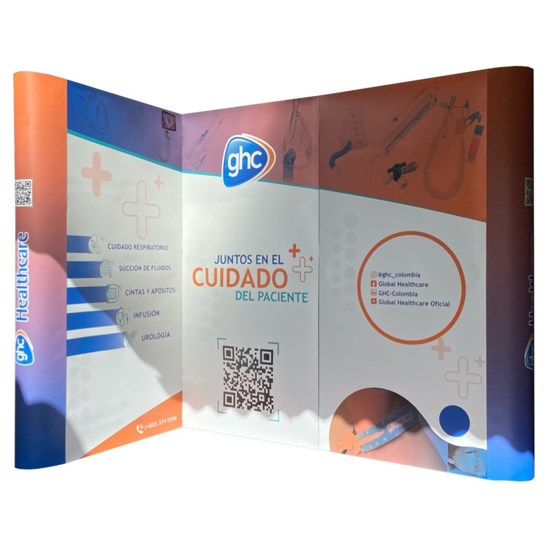 Stands, displays, demosets, mesas, counters, backings, Totems, vallas portátiles