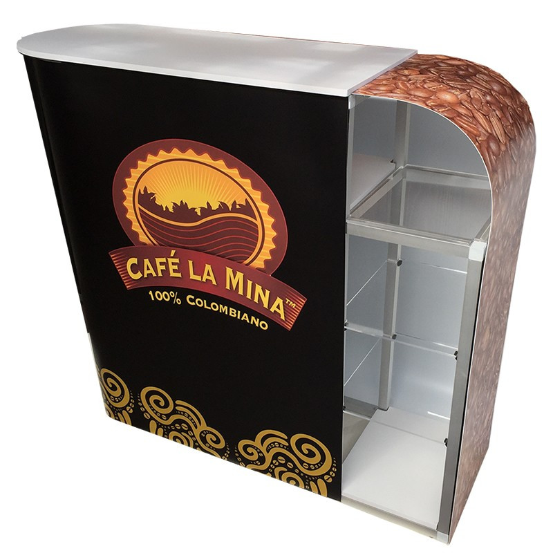 Stands, displays, demosets, mesas, counters, backings, Totems, vallas portátiles