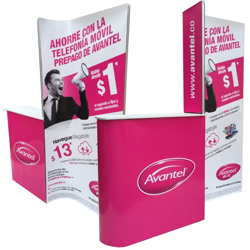 Stands, displays, demosets, mesas, counters, backings, Totems, vallas portátiles