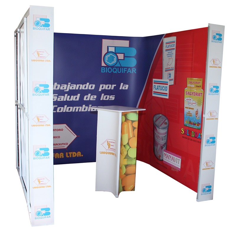 Stands, displays, demosets, mesas, counters, backings, Totems, vallas portátiles